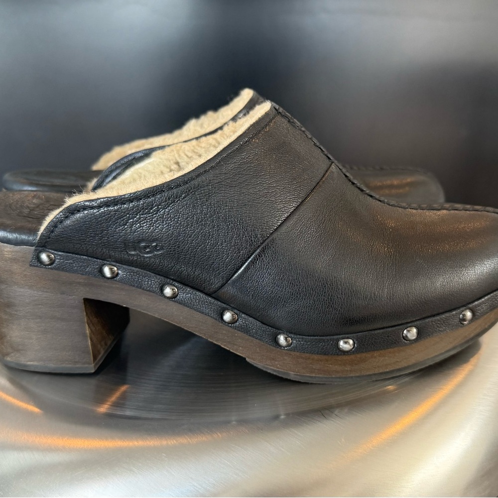 UGG Black Leather Clogs with Shearling Trim